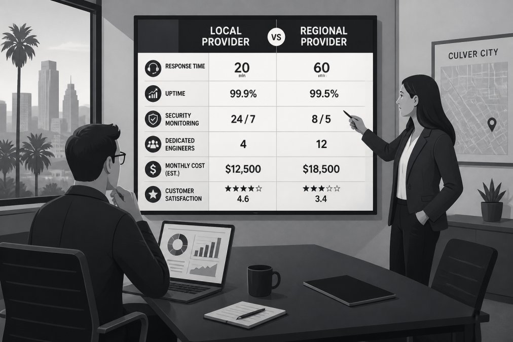 IT director at a Culver City office reviewing a side-by-side provider comparison on a large monitor while a colleague points at the screen, modern conference room with Los Angeles skyline visible through window