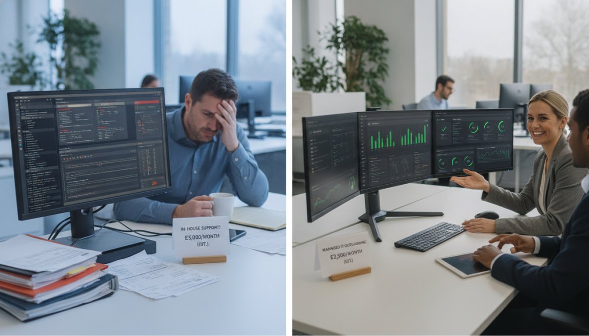 Business owner reviewing network monitoring dashboard and system alerts on multiple computer screens in modern office with natural lighting