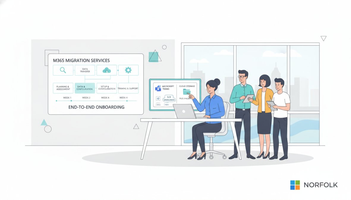 IT professional at a desk guiding a [small business](/best-web-hosting-for-small-business-uk) team through laptop setup, screens showing Microsoft Teams and cloud storage in a modern Norfolk office, warm overhead lighting and engaged team members visible