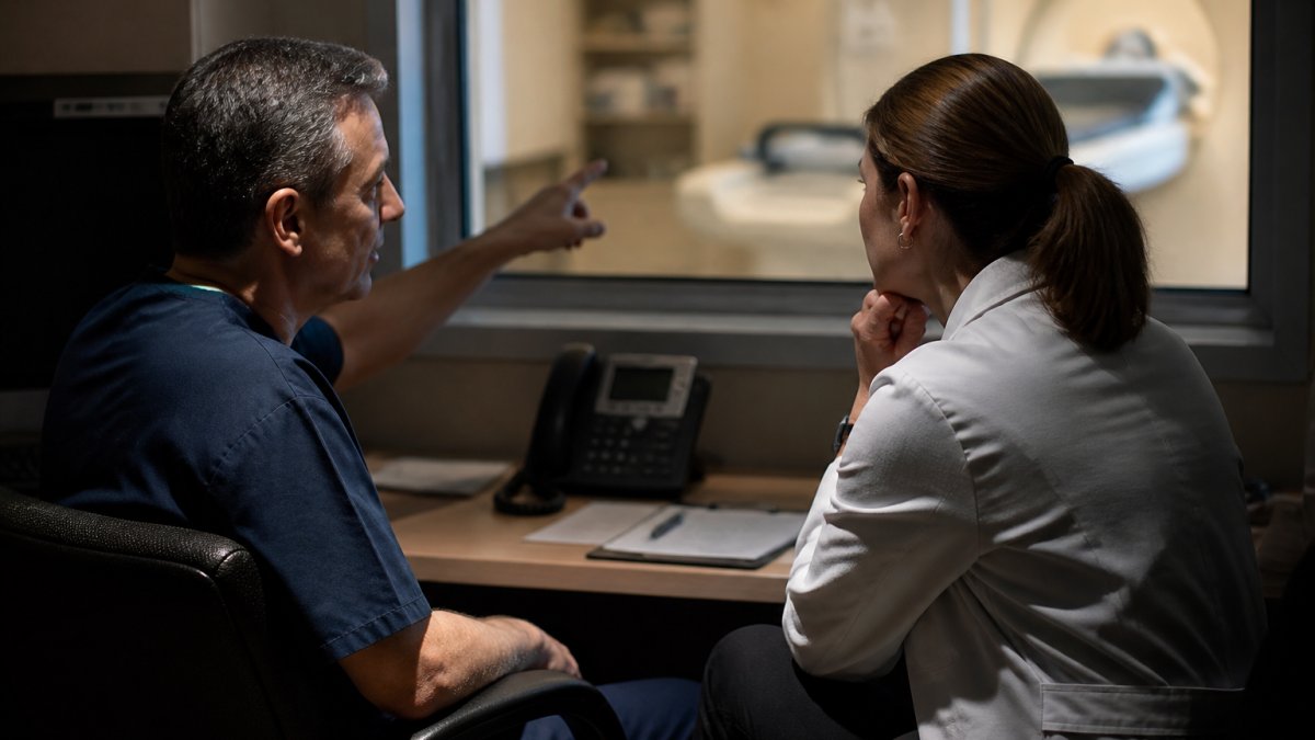 An imaging director and an IT manager reviewing system status on a monitor in a hospital radiology control room, dim ambient lighting, one pointing at the screen