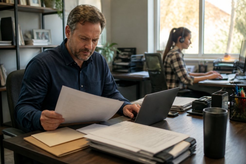 A home service business owner reviewing payroll reports on a laptop in a small office, with a dispatcher working at a computer in the background, warm afternoon light through the window