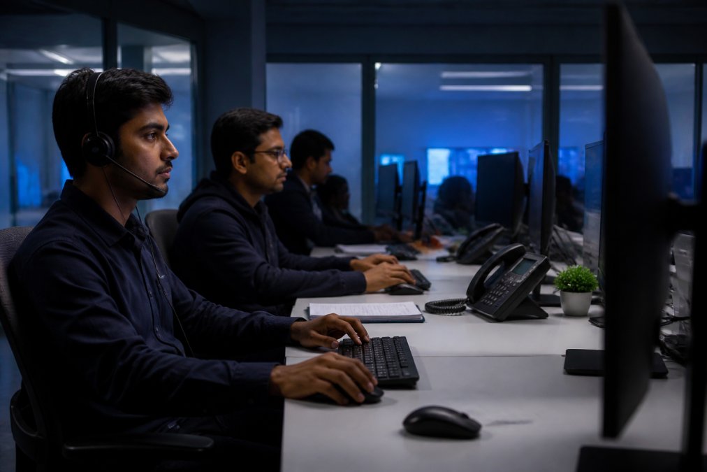 Security operations center with IT professionals monitoring multiple screens displaying network traffic, threat alerts, and system status in a darkened control room with blue ambient lighting