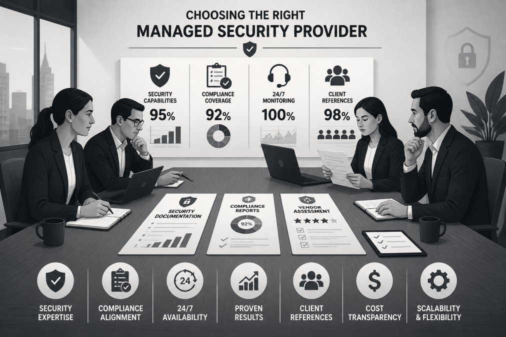 Business team in a conference room reviewing security documentation, compliance reports, and vendor assessment materials spread across a wooden table with laptops and notepads