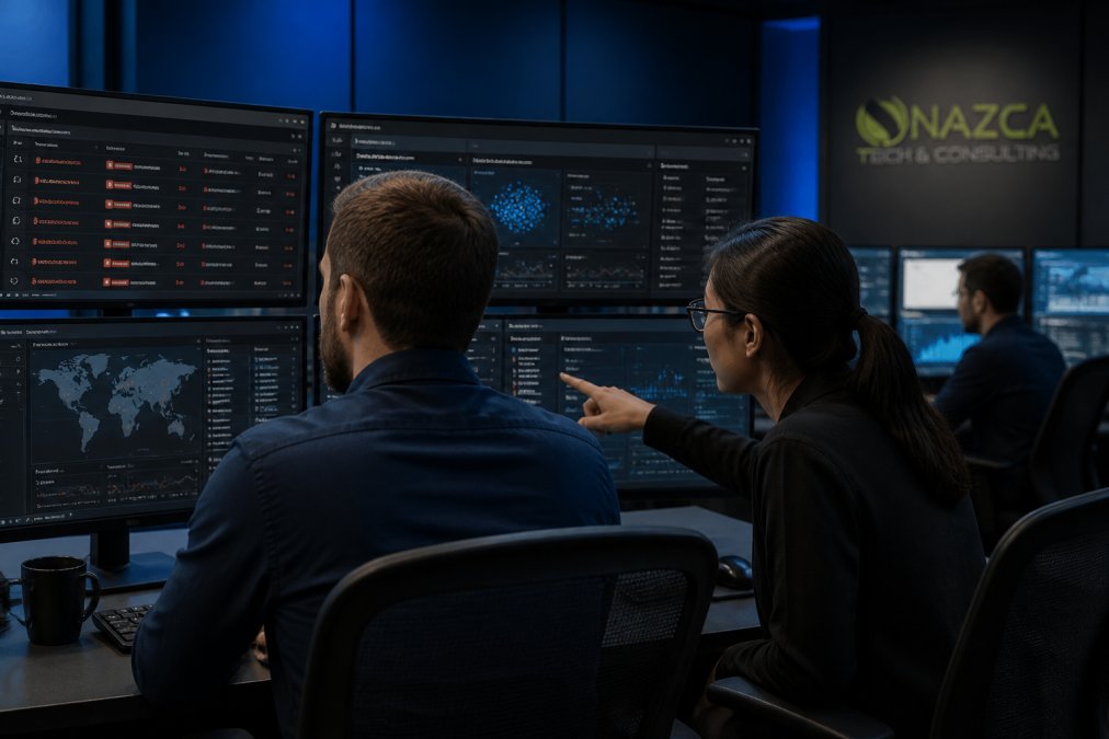 IT manager and security analyst reviewing threat dashboards at a modern security operations center for managed security