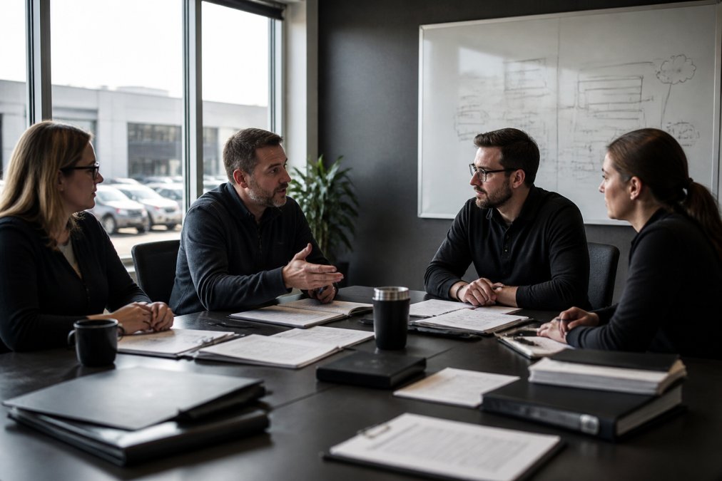 IT security team in a conference room discussing incident response procedures with laptops, documentation, and whiteboards visible, natural light from windows illuminating the workspace