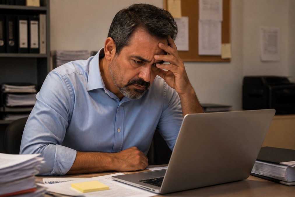 A small business owner sitting at a desk, looking concerned at a laptop screen displaying a security warning notification, in a modest office with warm overhead lighting and stacked paperwork visible in the background