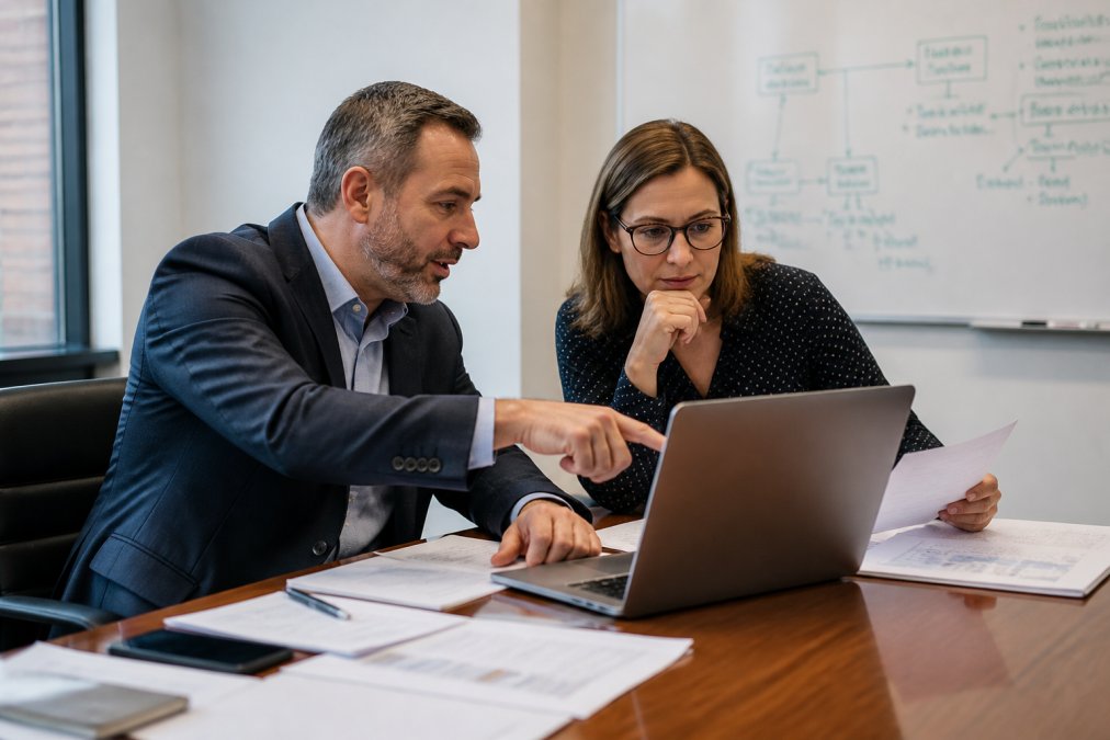 Two business professionals in a well-lit meeting room reviewing printed documents and a laptop together, one pointing at the screen during what appears to be a vendor evaluation discussion, with a whiteboard visible in the background