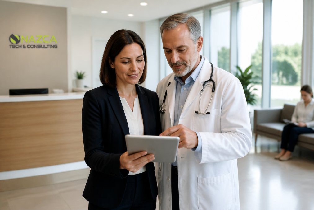 A medical office manager and a physician reviewing scheduling data on a tablet in a modern, bright clinic reception area with natural window lighting