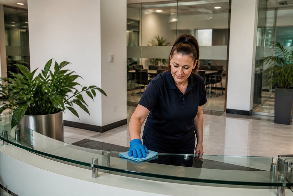 A professional cleaner in a branded uniform wiping down a glass reception desk in a bright, modern office lobby with plants and meeting rooms visible behind