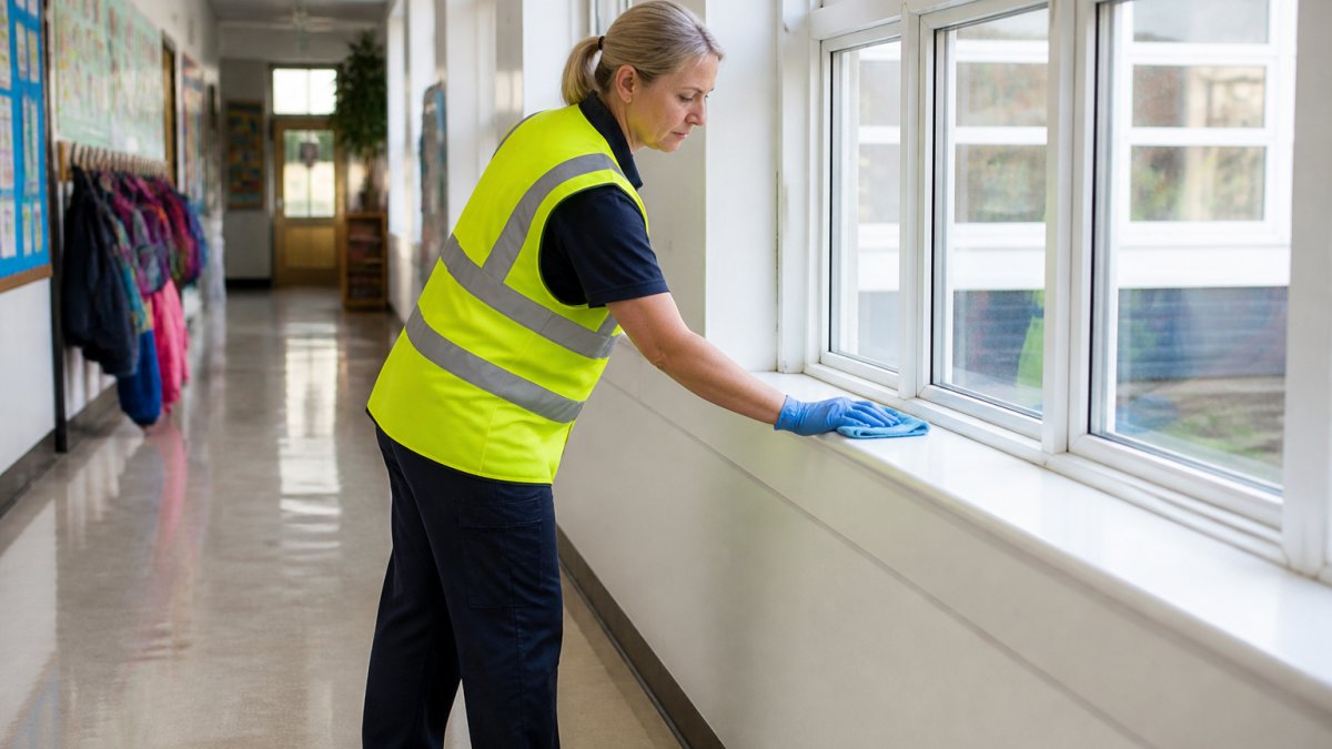 Professional cleaner in high-visibility uniform using microfibre cloth to clean a school corridor with attention to detail, bright natural lighting from windows