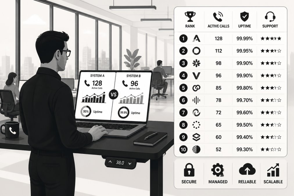 Business professional at a standing desk reviewing a split-screen laptop showing two different phone system dashboards, in a modern open-plan office with natural light streaming through floor-to-ceiling windows