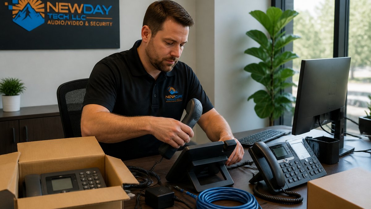 Office manager setting up IP phone equipment at desk with network cables and computer monitor visible, natural office lighting