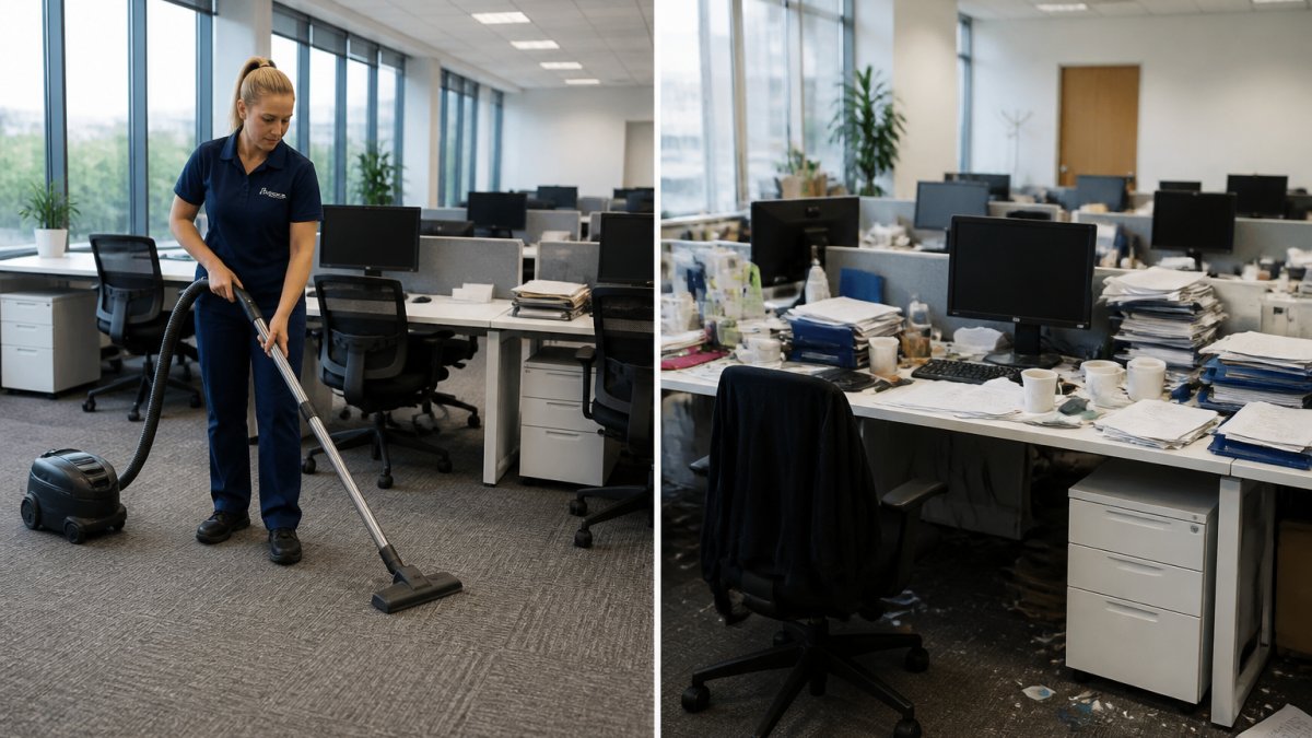 A commercial office cleaner in a navy uniform vacuuming a modern open-plan office with rows of desks, computer monitors and large windows letting in morning light