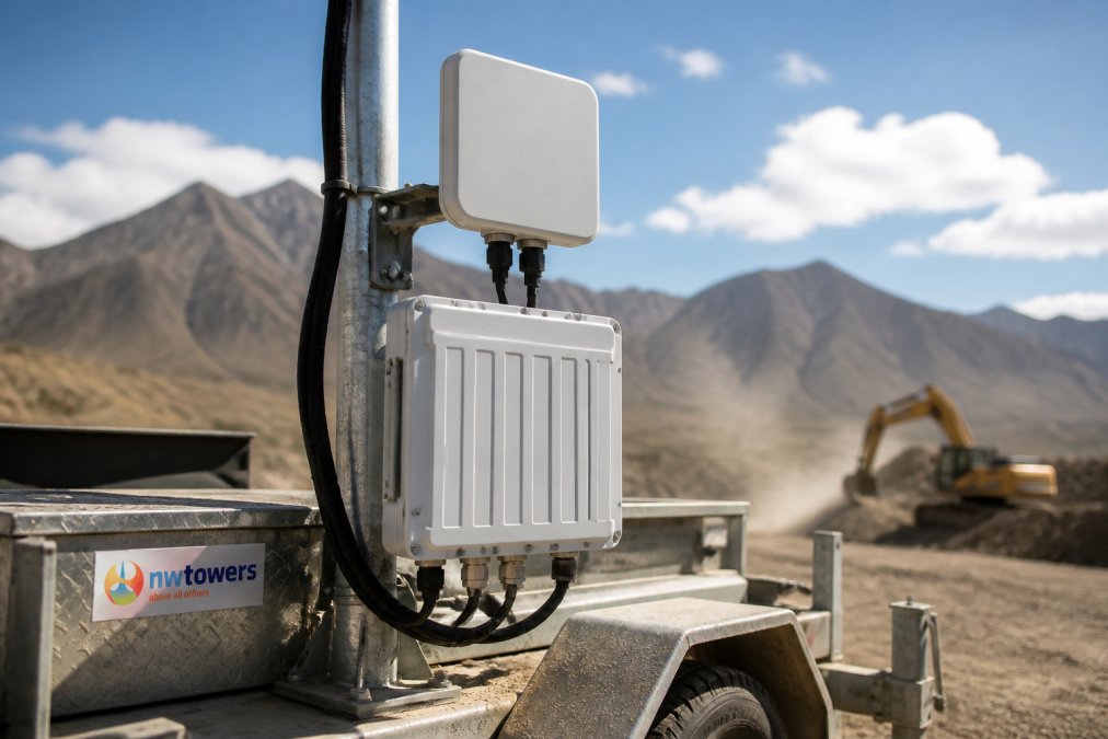 Ruggedized managed wireless antenna mounted on a construction trailer in a dusty industrial environment