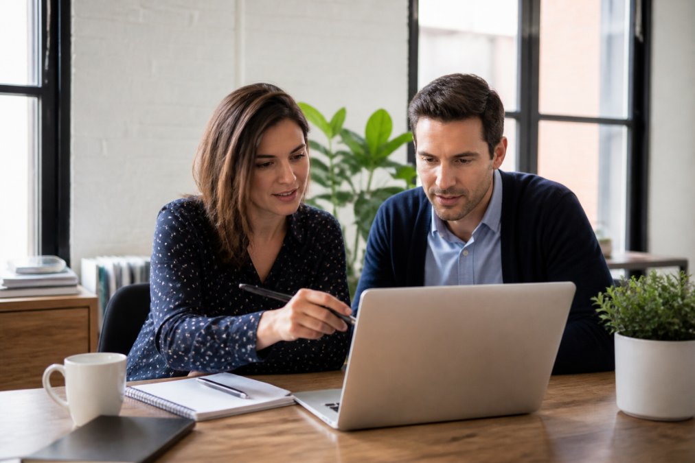 Web developer and business owner discussing managed WordPress hosting on a laptop in a bright office