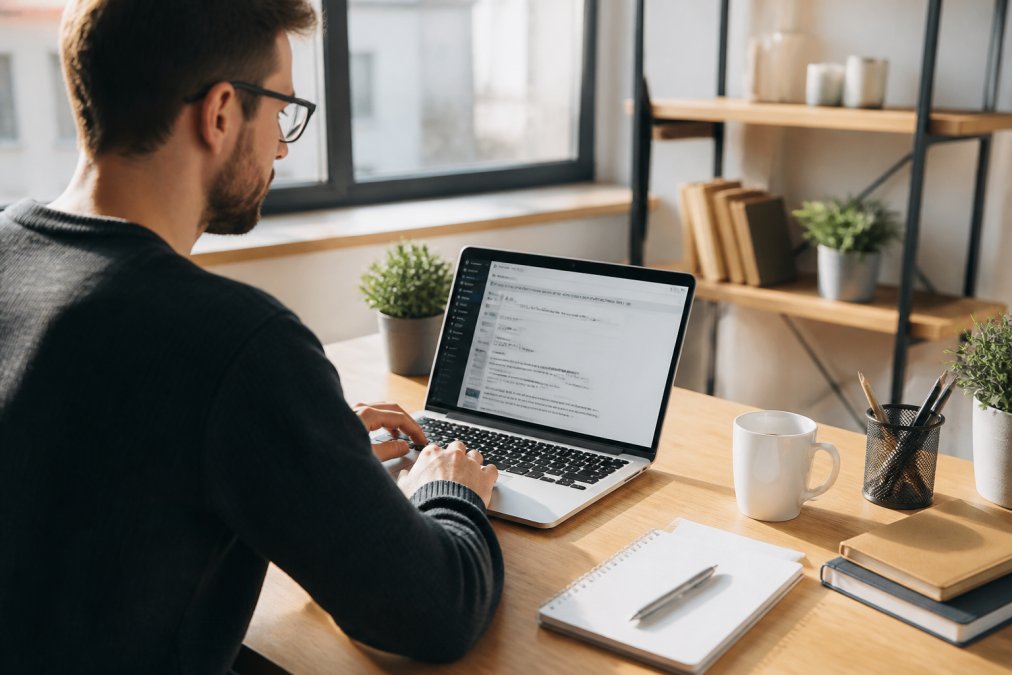 Ein Freiberufler sitzt konzentriert am Schreibtisch mit einem Laptop, auf dem die WordPress-Admin-Oberfläche sichtbar ist, umgeben von Notizbüchern und einer Kaffeetasse, helles Bürolicht