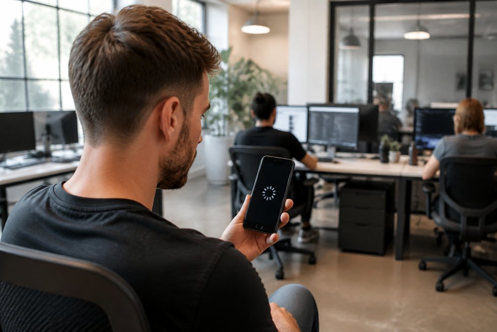 Eine Person mit Smartphone in der Hand überprüft die Website-Ladegeschwindigkeit, im Hintergrund ist ein modernes Büro mit mehreren Bildschirmen sichtbar