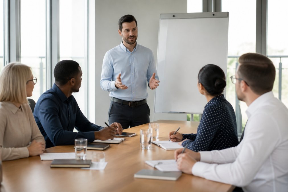A newly promoted supervisor standing at the front of a bright meeting room, four team members seated around a table taking notes, whiteboard with priorities visible behind them, natural daylight
