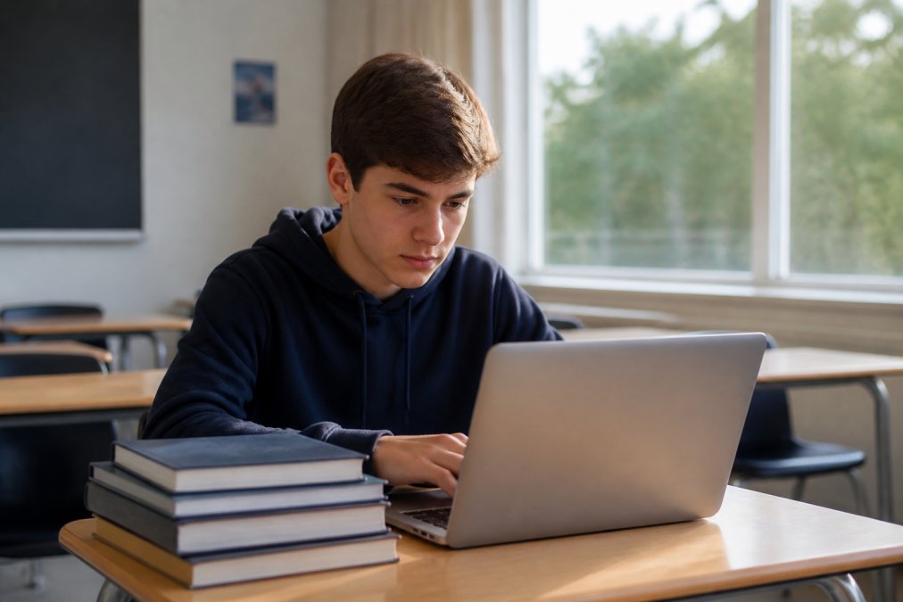 A secondary school student working alone on a laptop at a desk, focused expression, textbooks stacked nearby in a sunlit secondary school classroom