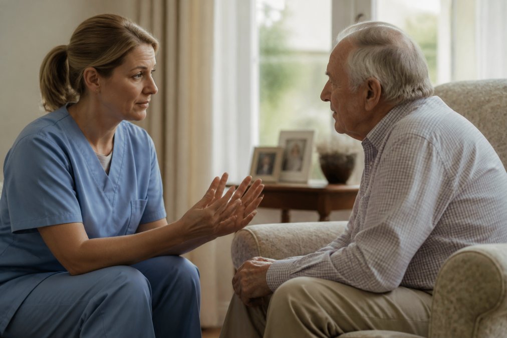 A calm caregiver sitting at eye level with an older adult, using gentle hand gestures and maintaining a peaceful facial expression in a softly lit home setting