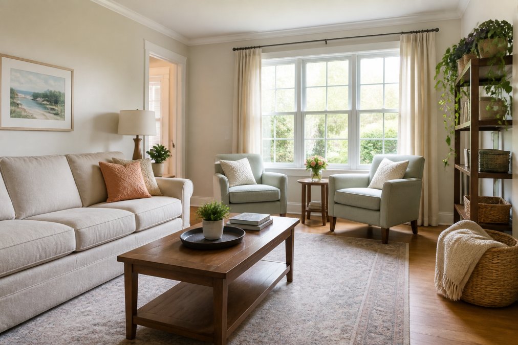 A bright, organized living room with soft lighting, comfortable seating, and minimal clutter, showing a peaceful home environment suitable for dementia care