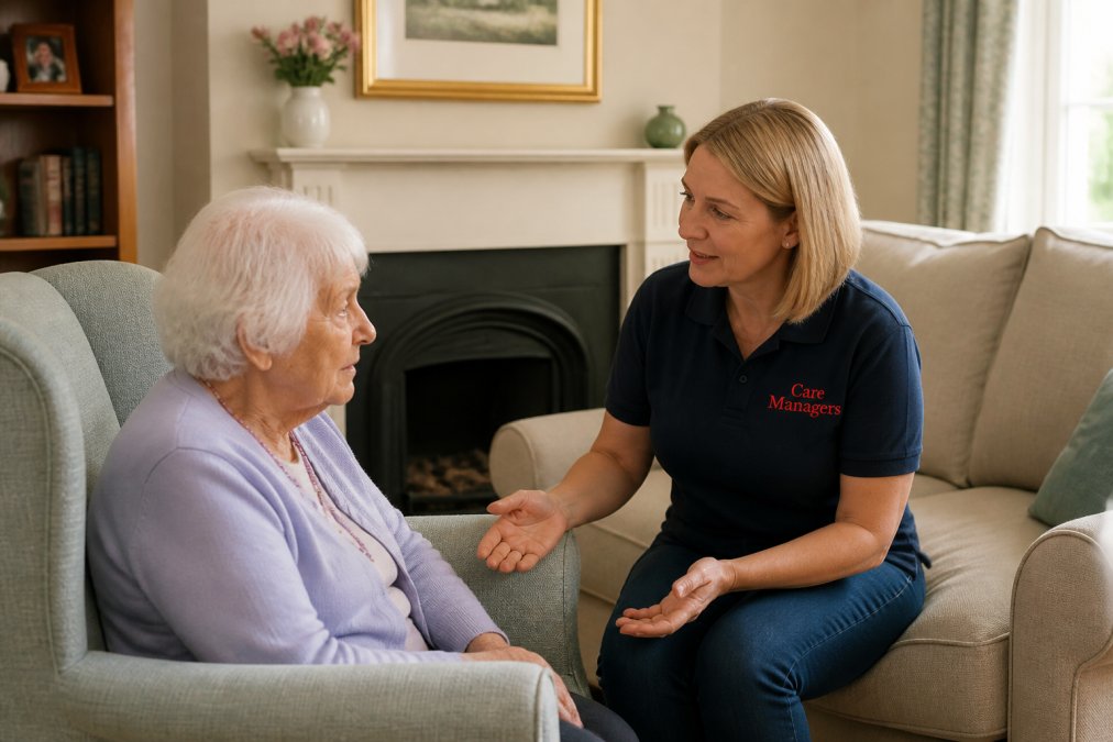 A caregiver seated beside an older person with dementia in a calm, well-lit living room, speaking gently with open body language and relaxed posture, demonstrating non-confrontational communication