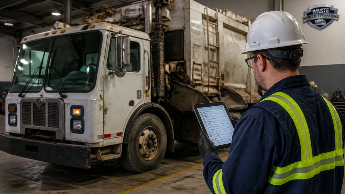 A diesel technician in safety gear performing a digital inspection on a front-loader waste truck inside a maintenance bay, holding a tablet with diagnostic data visible