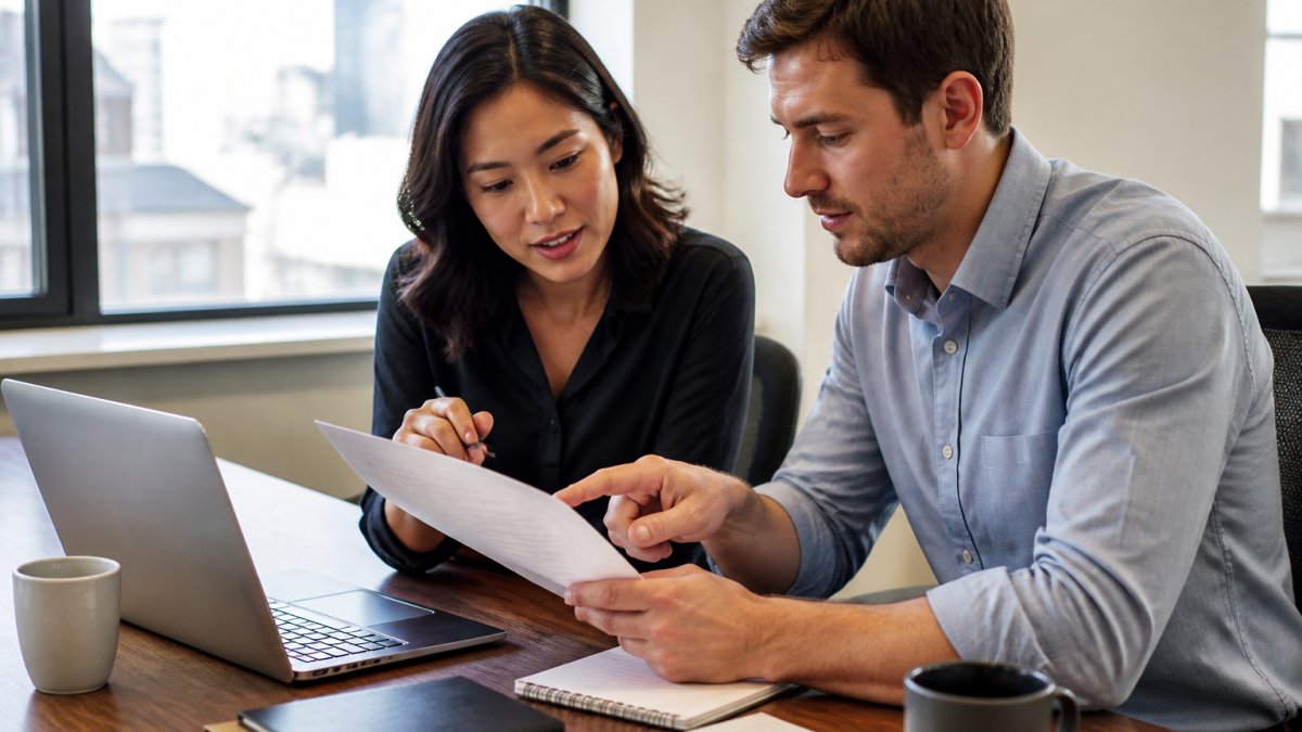 Two colleagues at a desk reviewing a laptop screen together, one pointing at a printed checklist, coffee cups and notebooks nearby in a bright office