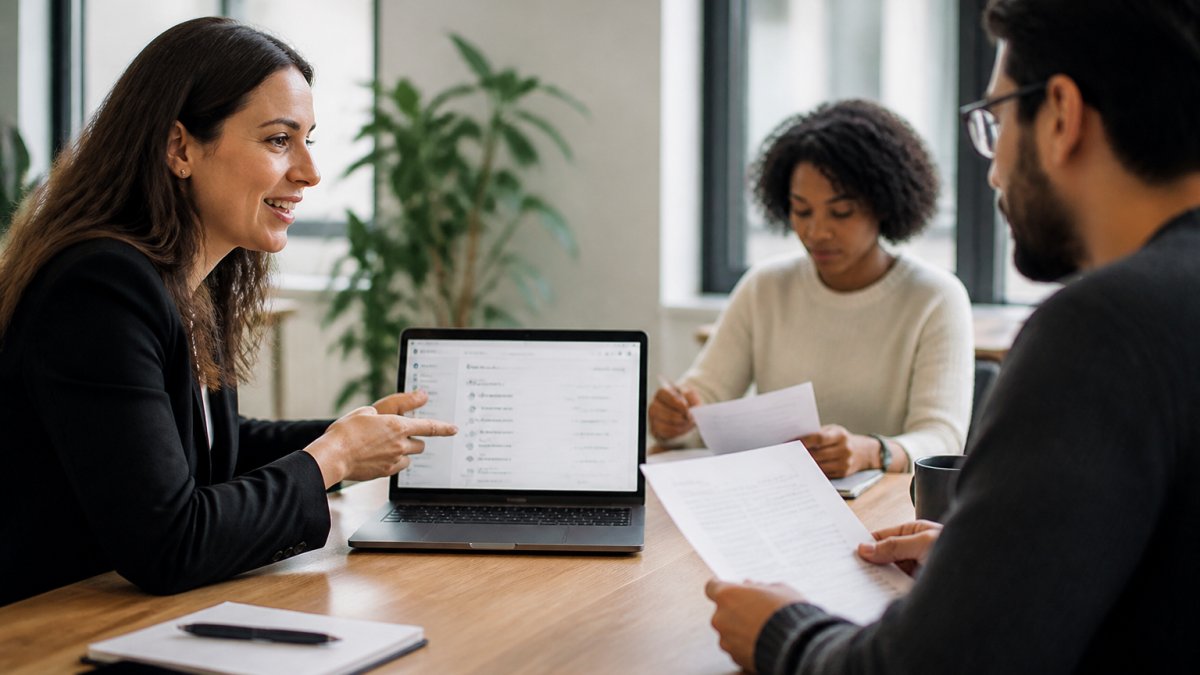A project manager at a desk showing a colleague a live project page on a laptop screen, with a second team member reviewing a printed report nearby in a bright modern office