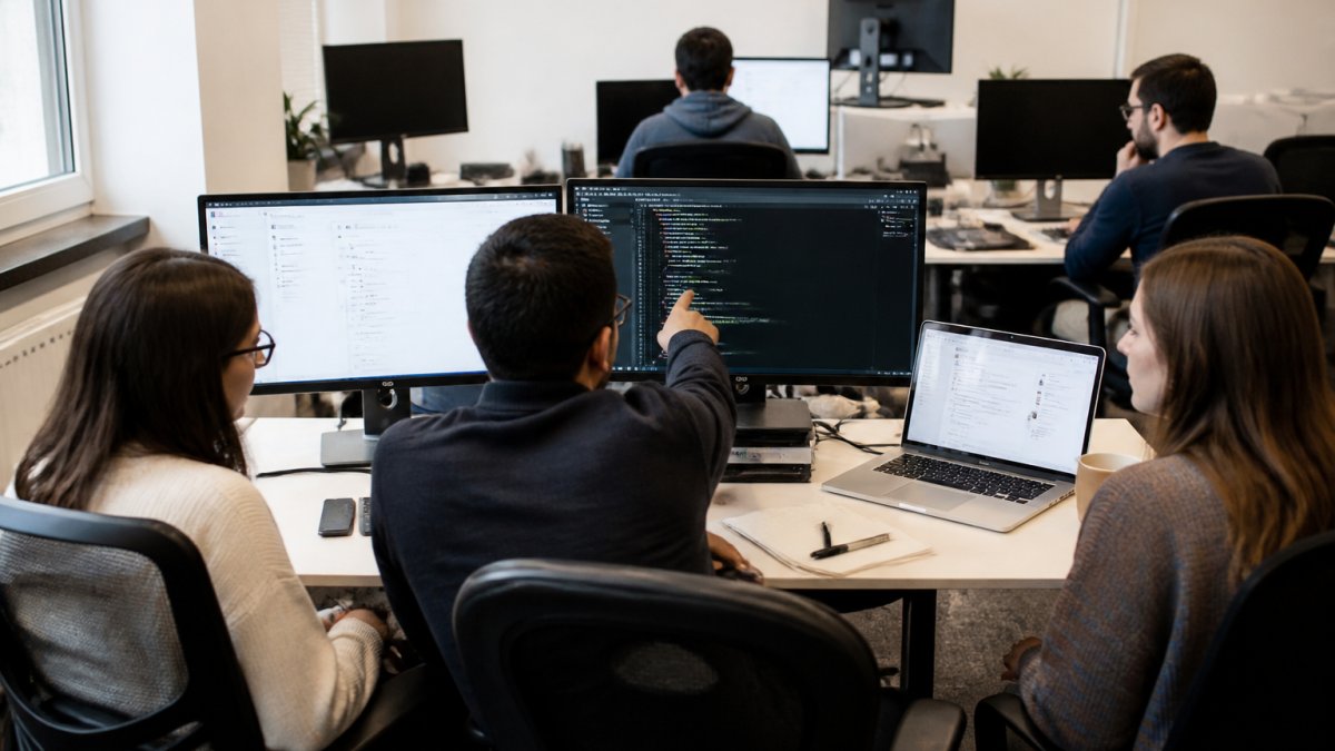 Professional software engineering team collaborating at multiple workstations with code editors, Jira dashboards, and GitHub pull requests visible on large monitors, with team members reviewing code together in a bright modern office