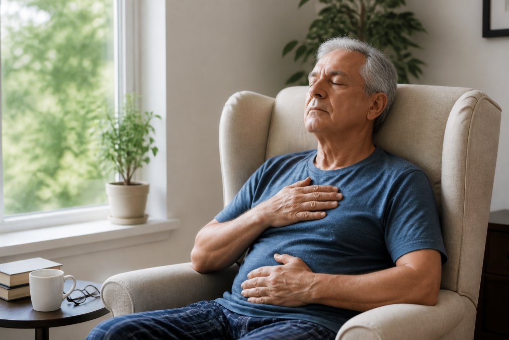 A person sitting in a comfortable chair by a window, eyes closed, practicing deep breathing exercises with a peaceful expression during daytime recovery