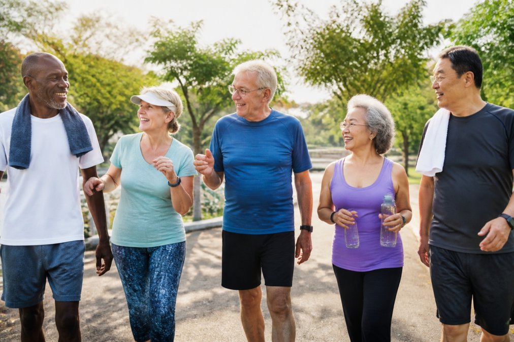 A diverse group of heart surgery recovery patients walking together outdoors on a sunny day, showing camaraderie and support during cardiac rehabilitation