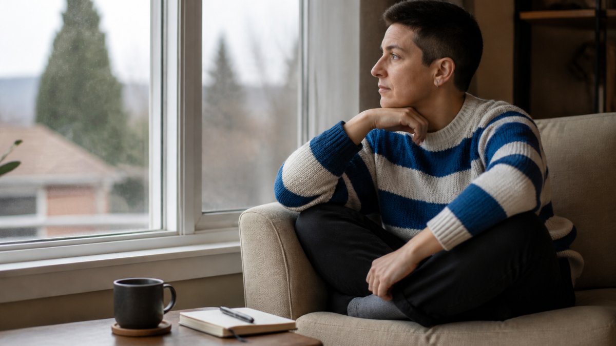 A thoughtful LGBTQ+ adult sitting by a window in a calm, softly lit room, looking reflective but not distressed, with a notebook and cup of tea nearby