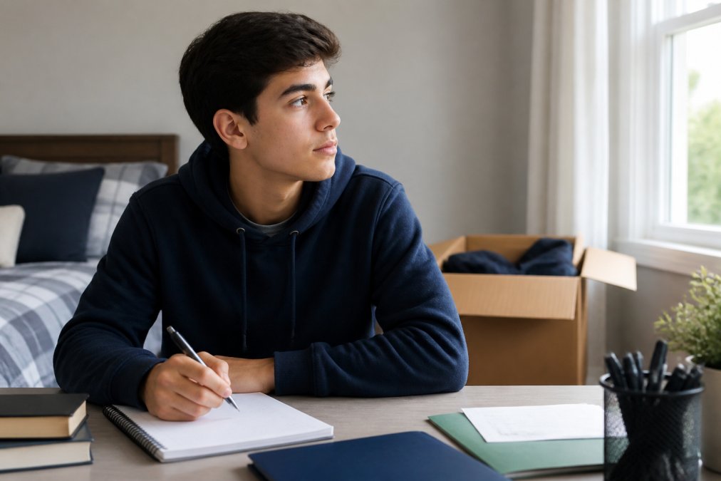 A high school senior sitting at a clean desk in their bedroom, holding a pen over a notebook, with a packed cardboard box labeled 'college' visible in the background, natural window light