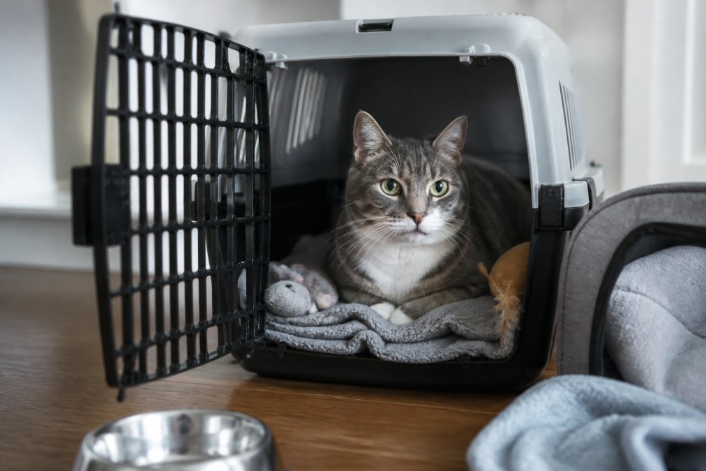 A cat sitting calmly inside an open carrier with soft blankets and toys visible, showing relaxed posture and alert but comfortable expression