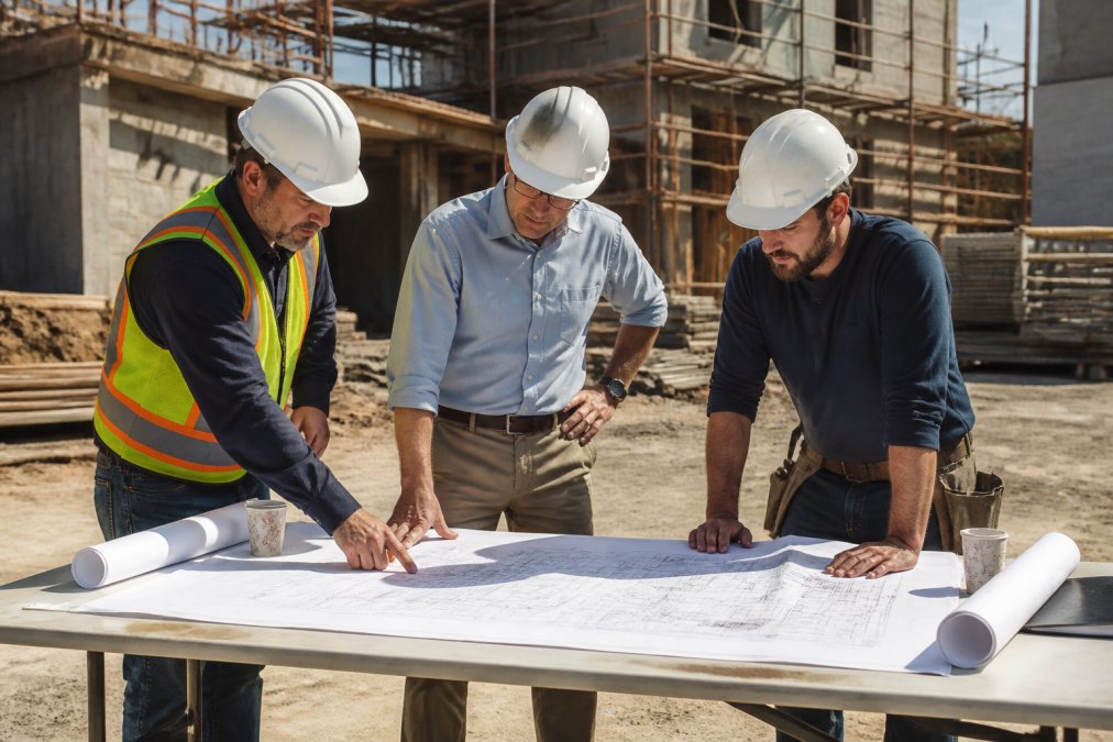 A general contractor, architect, and subcontractor reviewing large-format blueprints spread across a folding table on an active construction site, all wearing hard hats, with rolled drawings and coffee cups visible under bright midday light
