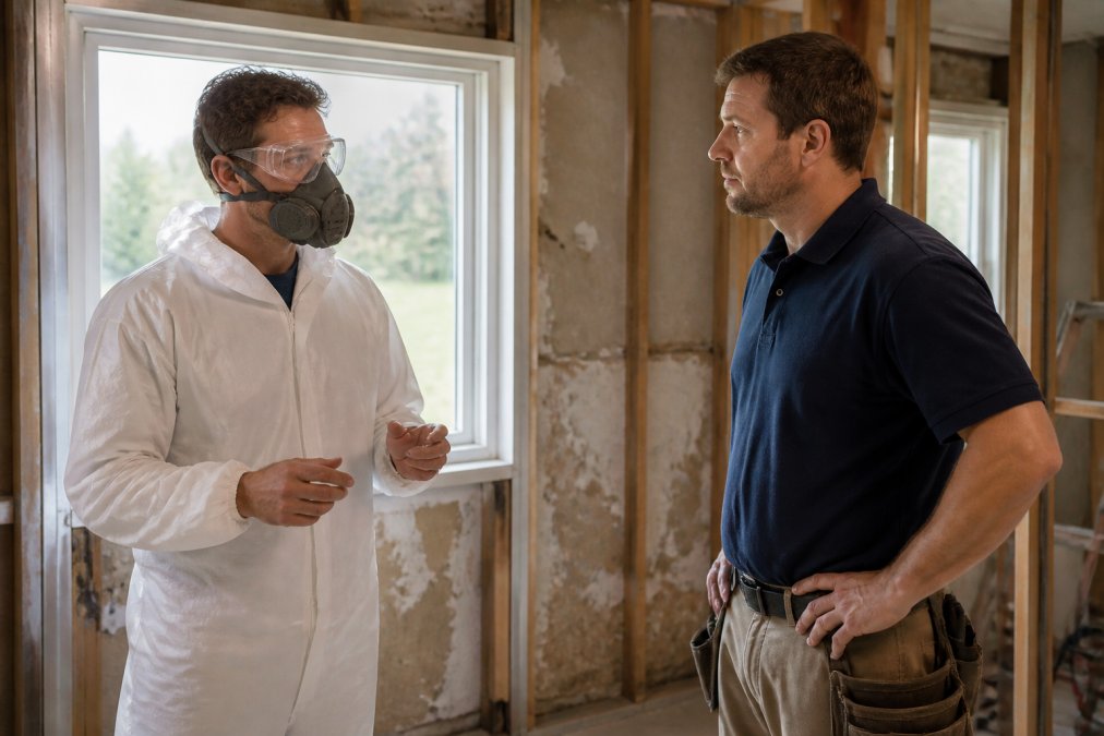 A homeowner wearing a respirator and white coveralls speaking with a professional contractor in a partially renovated room with exposed wall sheeting, natural daylight streaming through a window