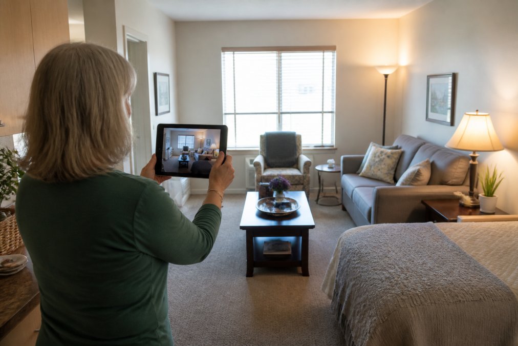 Adult family member photographing an assisted living apartment interior with a tablet, documenting furniture and personal items arranged neatly in a compact living space