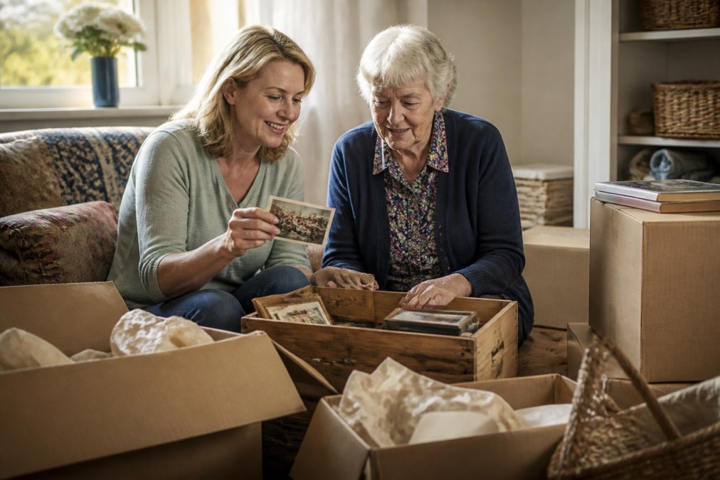 Adult daughter and elderly mother sitting together in an assisted living apartment, sorting through a wooden box of family photographs and memorabilia, with labeled cardboard boxes for "Keep," "Donate," and "Estate Sale" visible around them in natural afternoon light