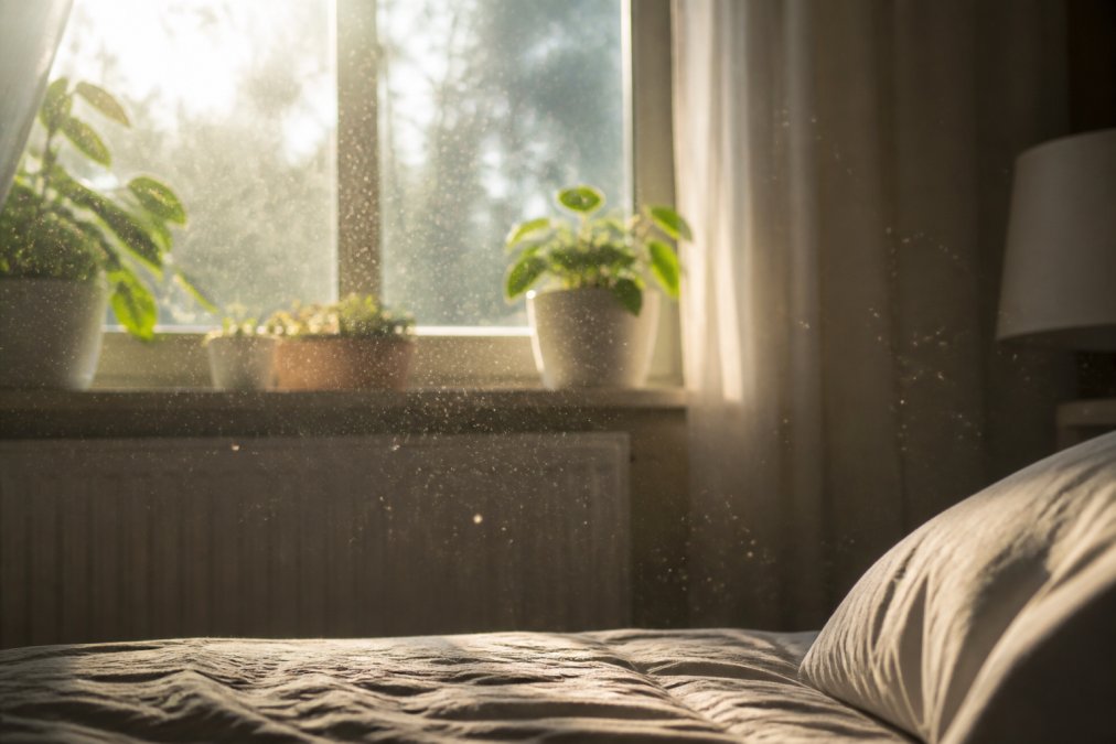 Close-up of dust particles and allergen molecules floating in sunlight streaming through a bedroom window, illuminating the invisible pollutants that trigger asthma symptoms in indoor spaces