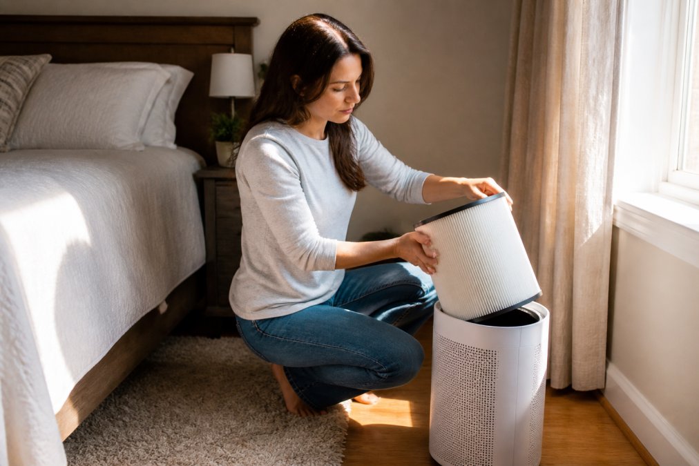 Person carefully replacing an air purifier filter in a bedroom corner, with afternoon sunlight illuminating the maintenance process and filter handling technique
