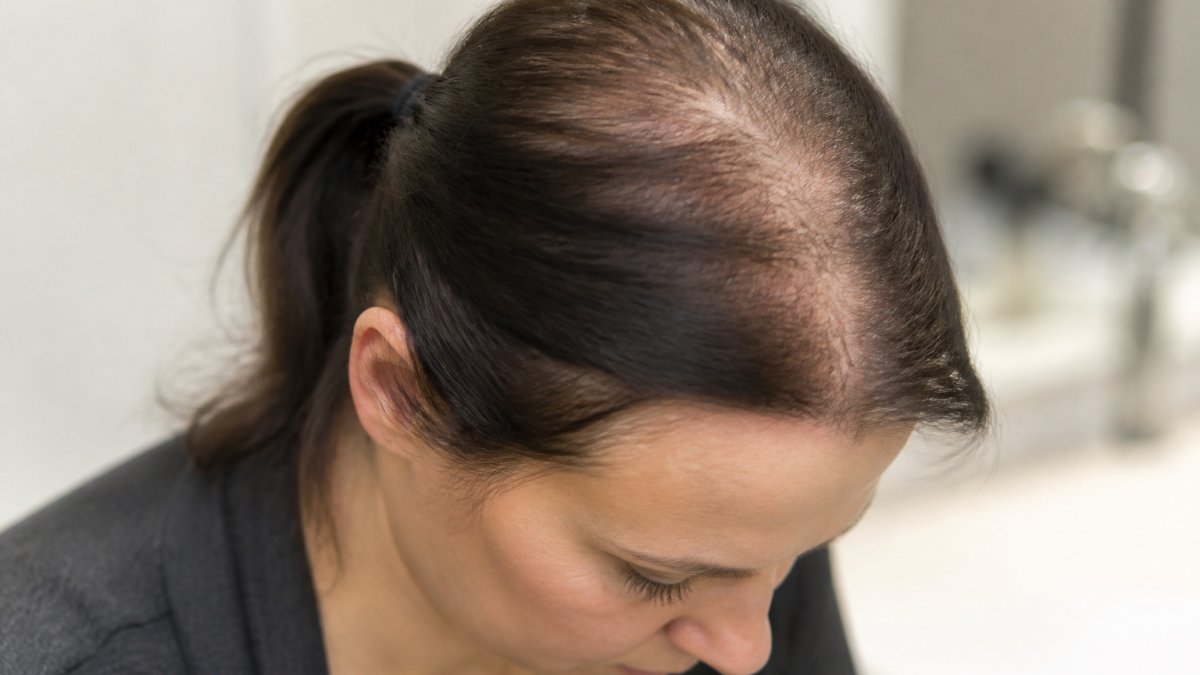 Woman with thinning hair at crown and part area showing uneven density and visible scalp in natural lighting, styled in a simple ponytail