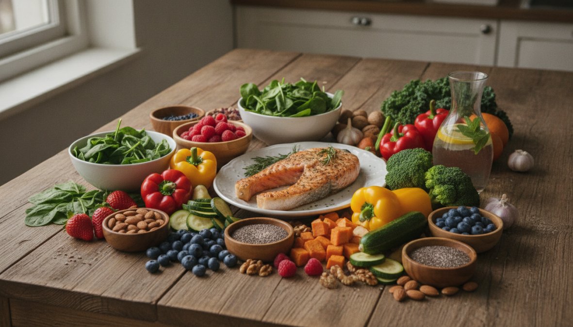 Colorful spread of fresh whole foods including leafy greens, berries, wild salmon, mixed nuts, and vibrant vegetables arranged on a wooden table in natural morning sunlight