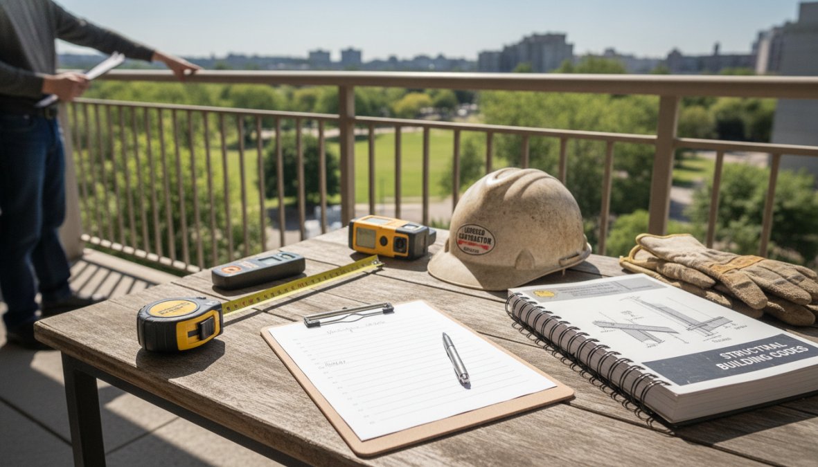 Licensed structural engineer in a hard hat crouching on a residential balcony, closely examining the ledger connection and wood framing with a moisture meter, bright California afternoon light casting sharp shadows on the concrete building exterior