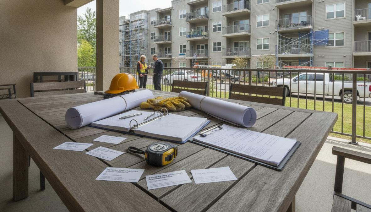 A property manager in business casual attire and a licensed contractor in a high-visibility vest reviewing printed inspection reports and building code compliance documents spread across a folding table at an outdoor construction site, overcast natural light