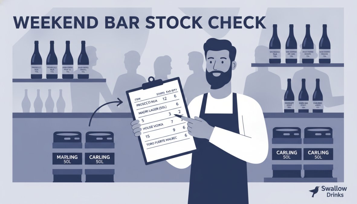 Bar manager with clipboard conducting stock count during busy weekend shift, checking bottles and kegs behind bar with warm overhead lighting