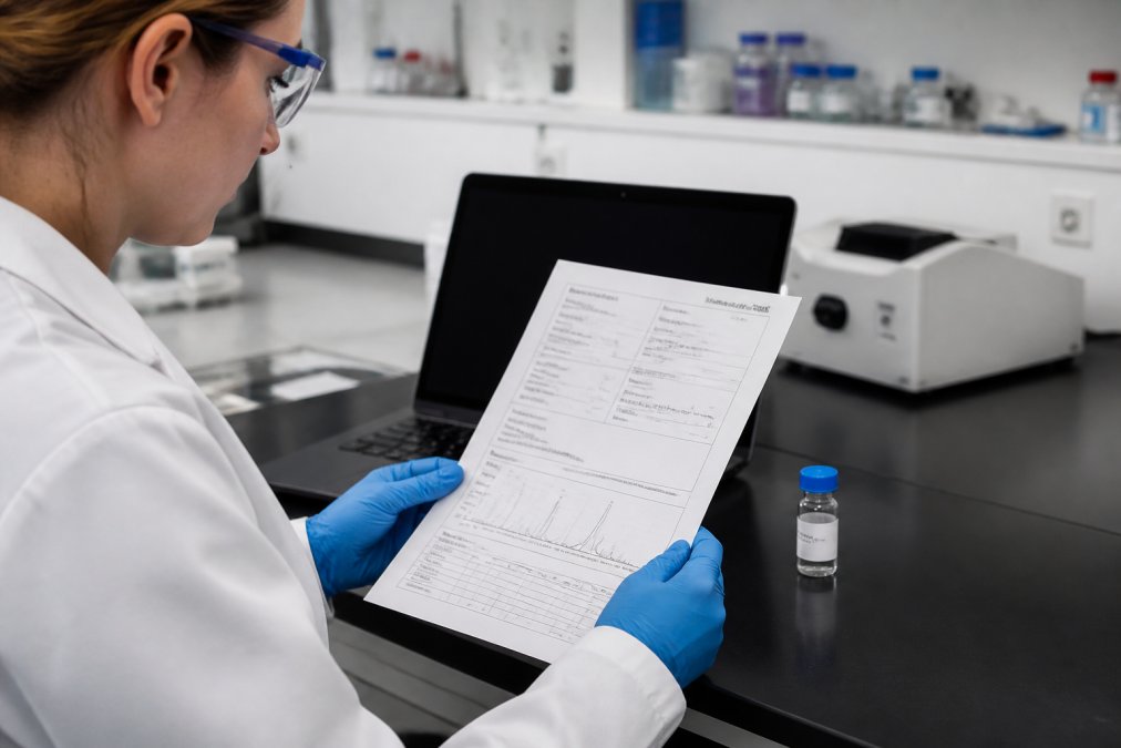 A scientist in a lab coat examining a printed Certificate of Analysis document next to a vial of peptide, with a laptop showing analytical data in the background