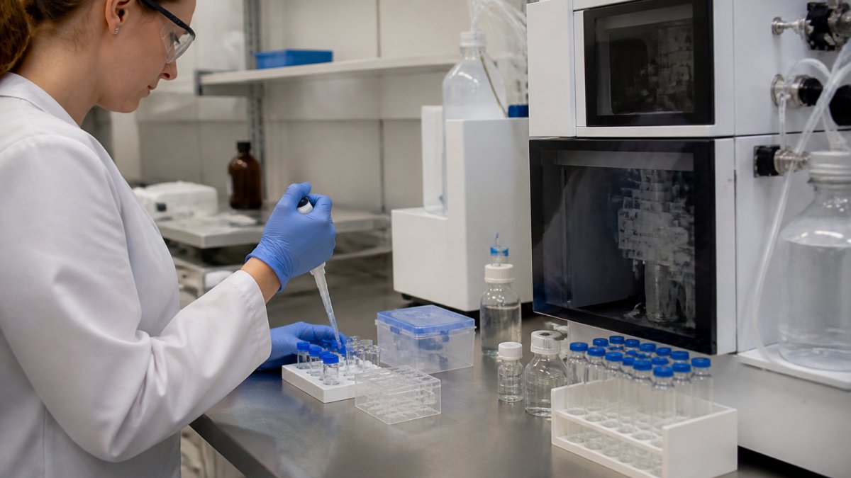 Laboratory technician preparing peptide samples for HPLC analysis, with clear glass vials, calibrated pipettes, and analytical instrumentation visible on a stainless steel lab bench under bright fluorescent lighting
