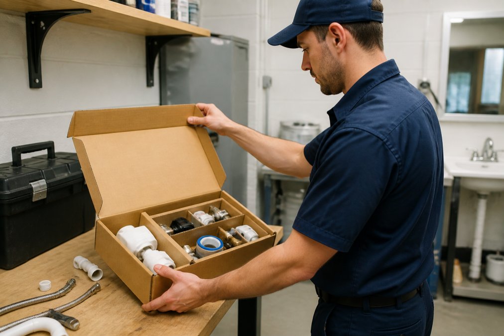 A maintenance technician in uniform opening a pre-assembled bathroom repair kit box on a workbench, with organized plumbing parts and fixtures visible inside, in a bright utility room