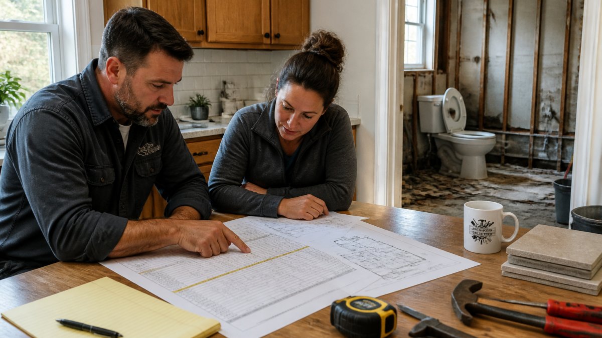 A homeowner and a contractor in work clothes reviewing a printed schedule and floor plans on a kitchen table, with a half-demolished bathroom visible through an open doorway behind them